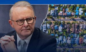Anthony Albanese speaking about the Home Guarantee Scheme with houses behind him